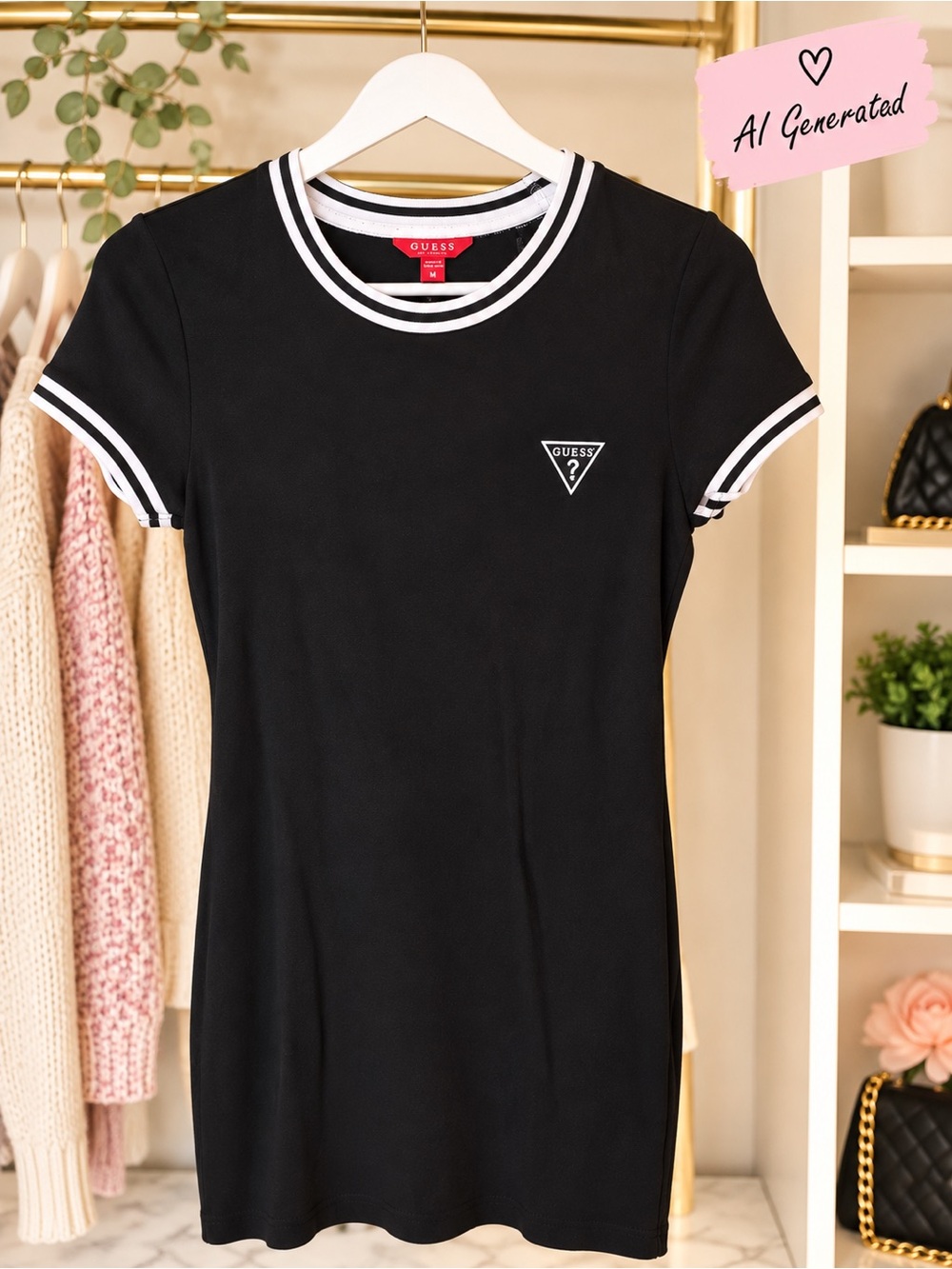 GUESS Black Short Sleeve Ringer Tee Dress with White Trim